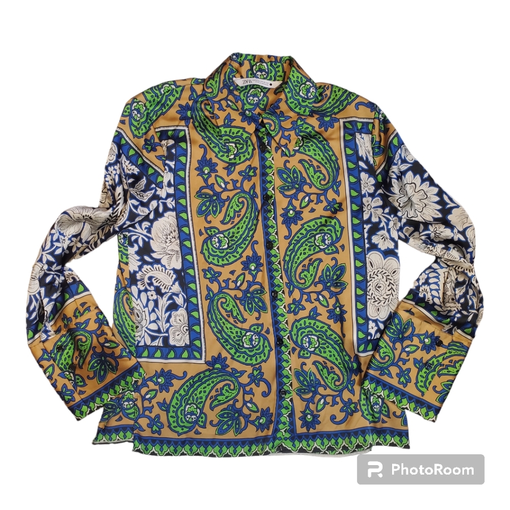 ZARA Womens Size XS Paisley Print Blouse Top Button Front Satin Feel Green Multi